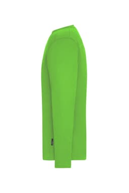 A bright green long-sleeve t-shirt with a side profile view, featuring a logo.