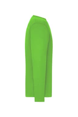 A long-sleeved men's work t-shirt in bright green, featuring a simple design with a logo.