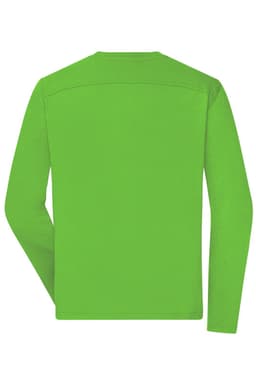 A long-sleeved men's work t-shirt in bright green, featuring a simple design and a logo on the back.