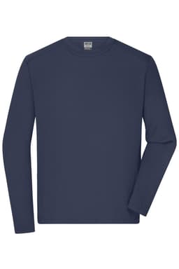 A navy long-sleeve t-shirt with a crew neck and a logo on the label. Suitable for workwear.