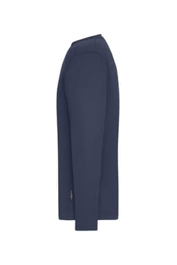 A navy long-sleeve work t-shirt displayed from the side, featuring a logo.