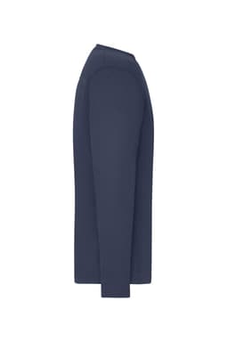 A navy long-sleeve work T-shirt featuring a side view and showcasing a simple design with a logo.
