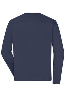 A navy long-sleeve work T-shirt featuring a simple back design. Includes a branding logo.