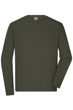 A long-sleeve men's work t-shirt in dark green, featuring a simple design and a logo on the tag.