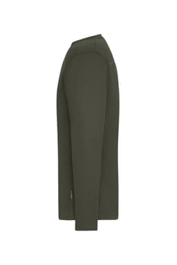 A long-sleeved olive green men's work T-shirt with a logo on the side.