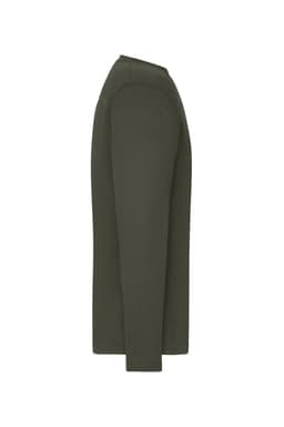 A long-sleeve olive green work t-shirt with a simple design and a logo on the side.