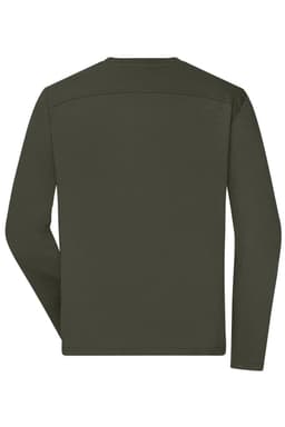 A long-sleeve olive green work T-shirt featuring a back view and a discreet logo.