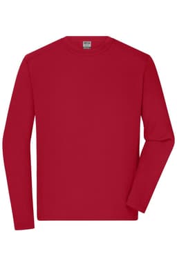 A red long-sleeve t-shirt for men, featuring a round neckline and a branding logo on the label.