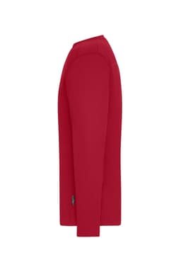 A red long-sleeved work T-shirt with a fitted style and a logo on the side.