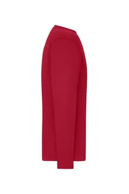A red long-sleeve T-shirt designed for men's workwear, featuring a simple design and a side view.