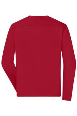 A red long-sleeve work T-shirt featuring a simple design and a straight cut. It has a logo on the back.