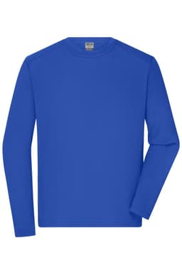 A blue long-sleeve men's work T-shirt with a crew neckline and one visible logo on the chest area.