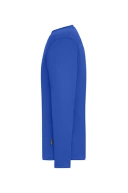 A blue long-sleeved work t-shirt with a logo, displayed from the side view.