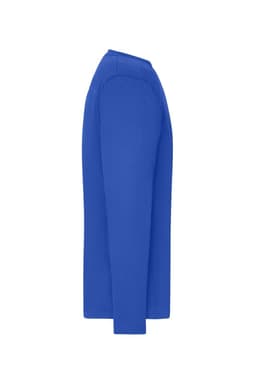 A blue long-sleeve T-shirt designed for men, featuring a side view and a simple design with a logo.