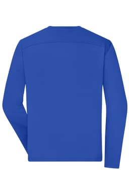 A long-sleeve men's work t-shirt in vibrant blue, featuring a logo on the back.