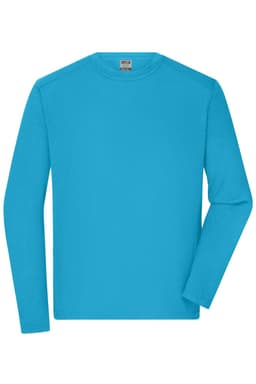 A long-sleeve t-shirt in bright turquoise, featuring a collar and a logo on the label.
