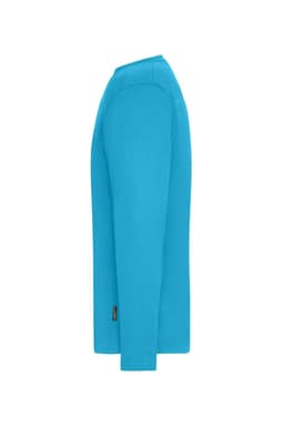 A long-sleeve t-shirt in vibrant blue, featuring a logo on the side.