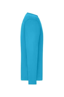 A turquoise long-sleeve T-shirt with a round neckline and a logo on the side.