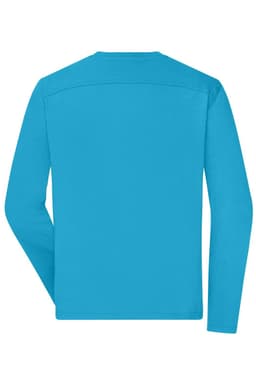 A long-sleeve t-shirt in bright blue, featuring a back view and a logo on the fabric.