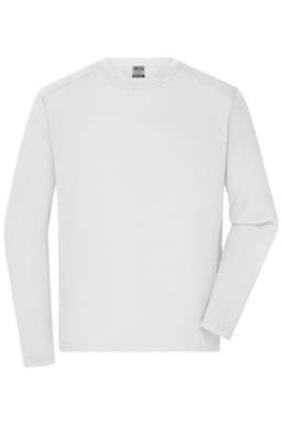 A long-sleeve white T-shirt designed as workwear, featuring a logo on the label.