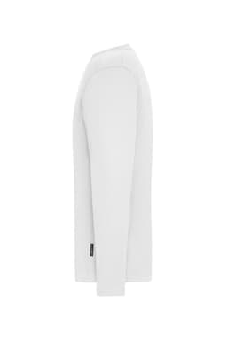 A men's long-sleeved T-shirt in white, featuring a side view and a small branded logo.