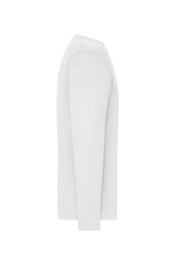 A long-sleeved white work T-shirt with a simple design and branding on the fabric.