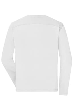 A long-sleeve white men's work T-shirt with a simple design featuring a logo on the back.