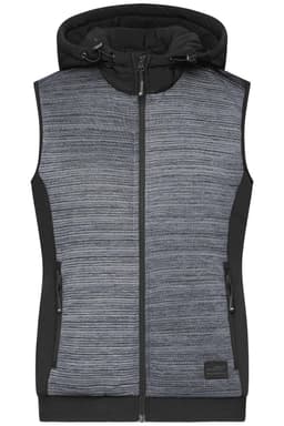 A grey and black padded hybrid vest with a hood, featuring side pockets and a zip closure.