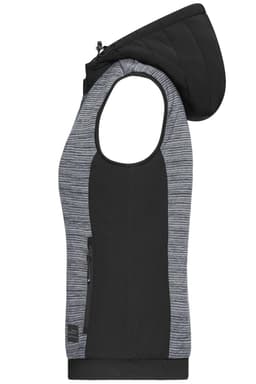 A padded hybrid vest in black and grey with a hood, featuring a zip and side pockets, and a logo.
