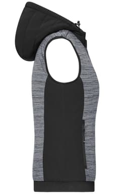 A black and grey ladies padded hybrid vest with a hood, featuring a zippered pocket and sleeveless design.