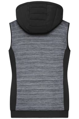 A ladies' padded hybrid vest featuring a grey striped design with a black hood and side panels. It includes branding.