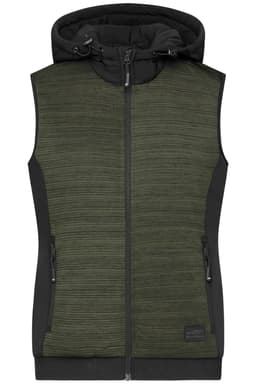 A ladies' padded hybrid vest in dark green with a hood and zippered pockets. It features a logo on the front.