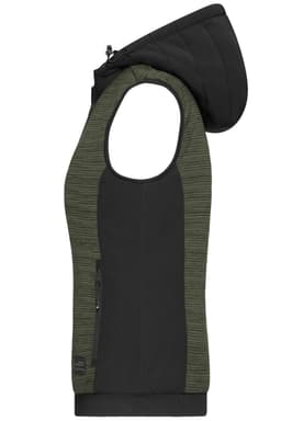 A padded hybrid vest in black with a green striped design and a hood. It features a zipper and a logo.