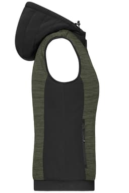 A ladies padded hybrid vest in black and green, featuring a hood and a zip pocket. Includes a logo.