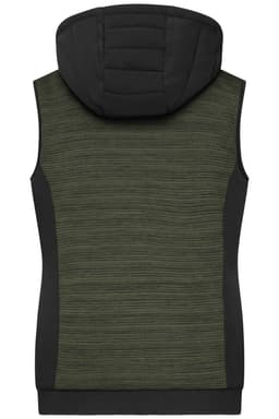 A ladies' padded hybrid vest in dark green with a hood, featuring a textured design and side panels.