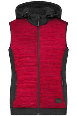 A padded hybrid vest featuring a bright red front and black sides, with a hood and zippered pockets.