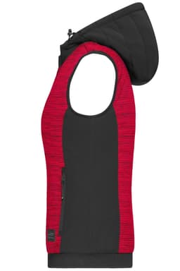 A ladies' padded hybrid vest in black and red, featuring a hood and zip-up design, with a logo on the front.