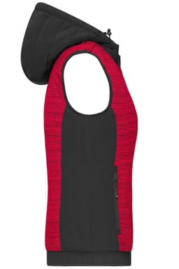 A red and black ladies padded hybrid vest with a hood, featuring a zipper and a side pocket.