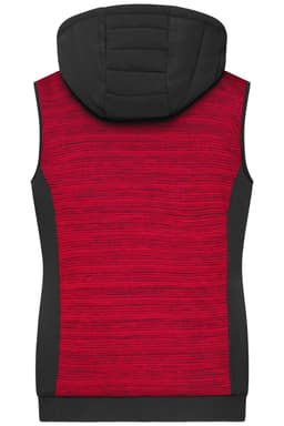 A ladies' padded hybrid vest featuring a red and black design, with a hood and no sleeves, and a logo.