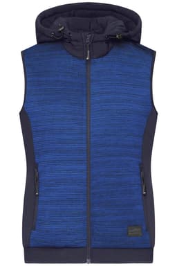 A padded hybrid vest featuring a blue textured design, zip front, and a hood. It has pockets and a logo.