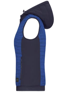 A hybrid vest featuring a navy and blue striped design, with a hood and a side zipper pocket. Brand logo present.