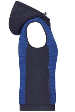 A ladies padded hybrid vest in navy blue with a textured blue hood and side zipper pocket, featuring a logo.
