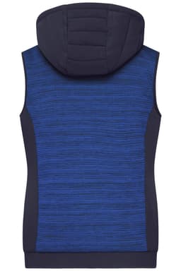 A blue hybrid vest with a padded hood and textured fabric, featuring a fitted design and no sleeves.