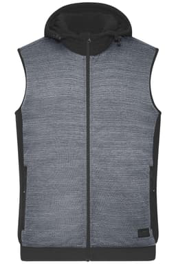 A men's padded hybrid vest in grey, featuring a hood and zip closure, with a logo on the front.