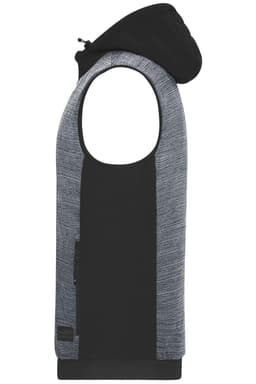 A men's padded hybrid vest in grey and black, featuring a hood and a side pocket, with a logo present.