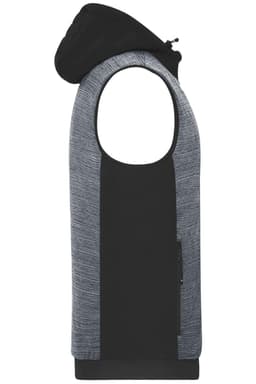 A padded hybrid vest featuring a black and grey design, with a hood and side pocket, also including a logo.