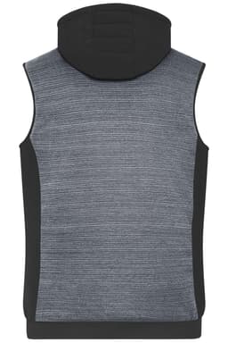 A men's padded hybrid vest in grey and black, featuring a hood and a textured design. It has a logo present.