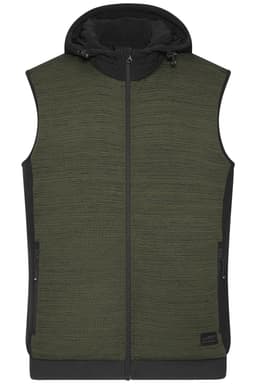 A padded hybrid vest in dark green and black, featuring a hood and zippered pockets, with a logo on the side.
