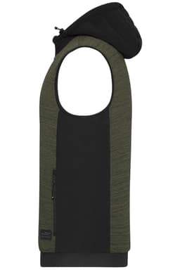 A padded hybrid vest in black and olive green with a hood, featuring a side zip pocket and branding.