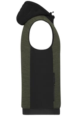 A men's padded hybrid vest in olive green and black, featuring a hood and a zippered pocket. Includes branding.